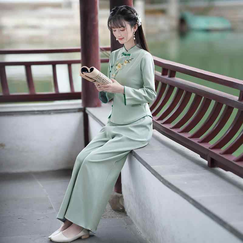 トップス レディース チャイナ風 秋冬 レトロ 綿 麻 スカート ワイドパンツ ソフト 刺繍 小さめ スリム フィット 花 エレガント 大きいサイズ 白 緑