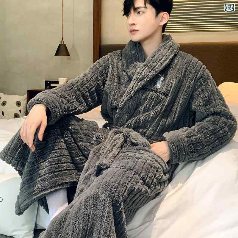 ガウン レディース 冬 秋 メンズ コーラルフリース 厚手 ロング丈 大きいサイズ ゆったり 快適 バスローブ 部屋着 ゴールドライン グレー 赤 黒 3