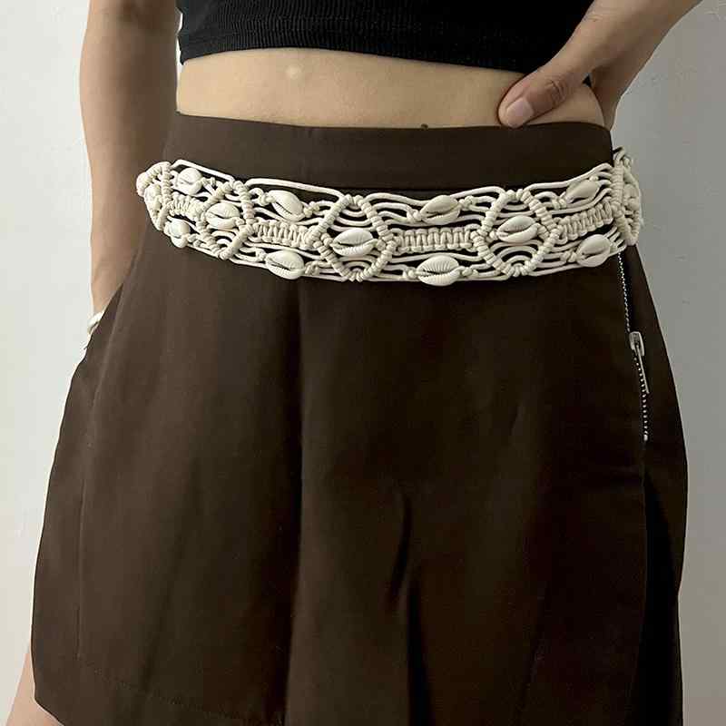 レディース ベルト 女性 シェル 穴なし レトロ 装飾 アジアン 民族風 個性的 おしゃれ アクセサリー ウエストマーク カジュアル 編み 白(4.0)