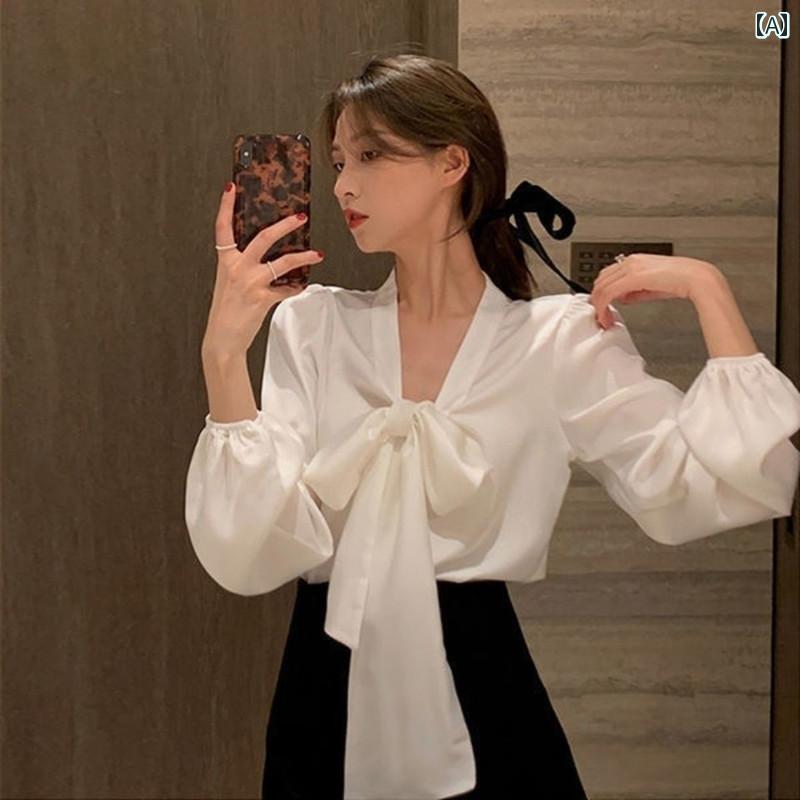Other - 入学式 ブラウス レディース 春 韓国 ファッション きれいめ 長袖 Vネック プルオーバー レースアップ 多用途 シフォン リボン ボウタイ デザイン 白 シャツ トップス 女性 無地