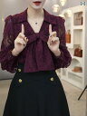 ブラウス レディース おしゃれ 女性 ファッション シースルー レース シャツ バーガンディ リボン 春秋 長袖トップス ワインレッド