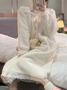 モコモコパジャマ かわいい レディース 秋冬 長袖 ワンピース フランネル 部屋着 厚手 暖かい 起毛 ルームウェア お泊り 大きいサイズ レース ボーダー ア...