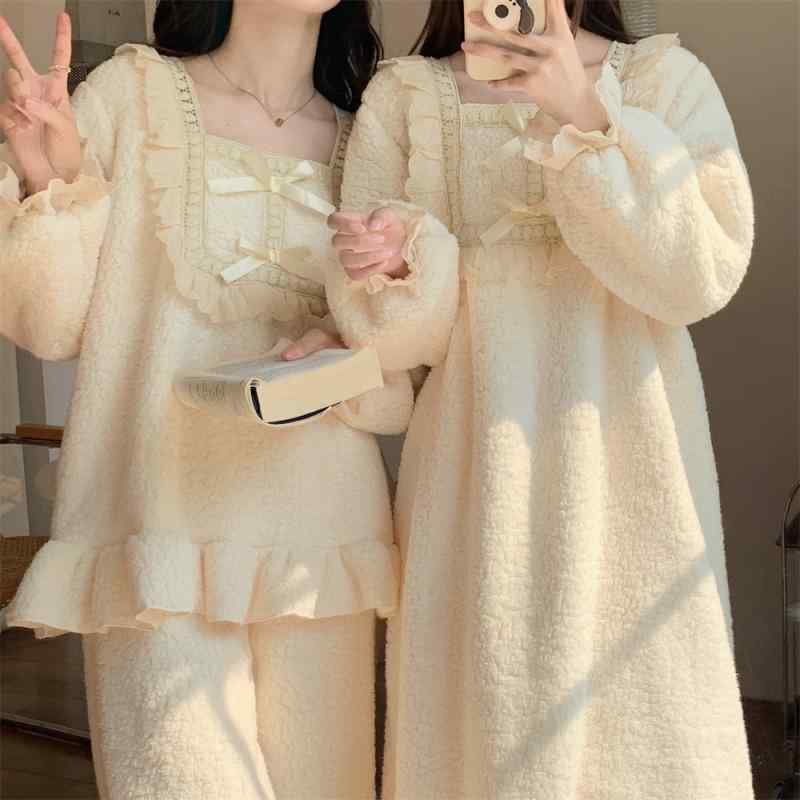 モコモコパジャマ かわいい レディース 秋冬 長袖 ワンピース フランネル 部屋着 厚手 暖かい 起毛 ルームウェア お泊り レース フリル リボン アプリコット ピンク