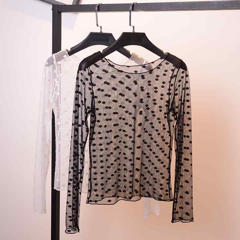 シースルー トップス レディース 秋 メッシュ カットソー 長袖 ラウンドネック プルオーバー 透け感 伸縮性 通気性 快適 スリム おしゃれ ドット 大きいサイズ 白 黒