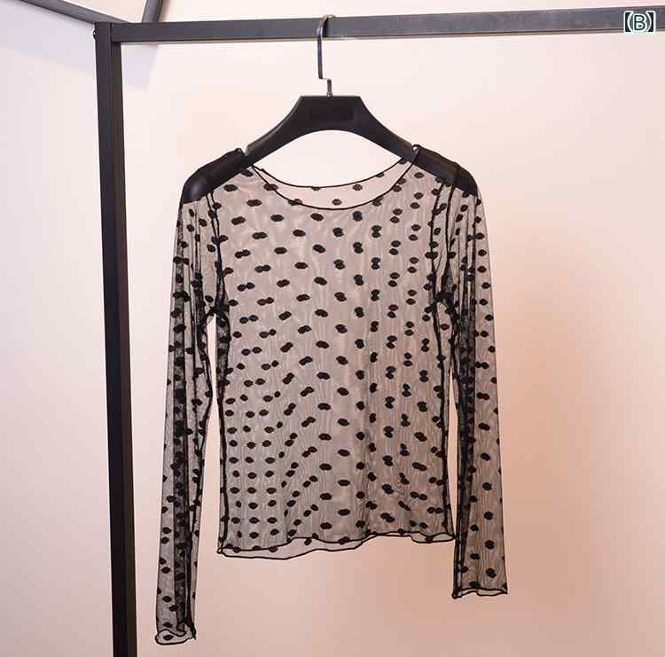 シースルー トップス レディース 秋 メッシュ カットソー 長袖 ラウンドネック プルオーバー 透け感 伸縮性 通気性 快適 スリム おしゃれ ドット 大きいサイズ 白 黒