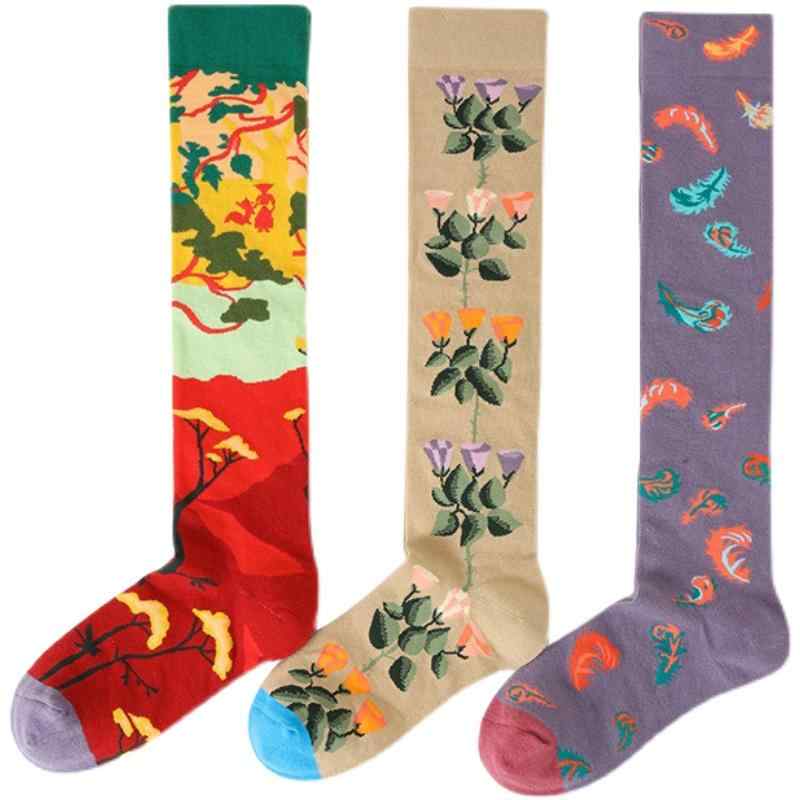 靴下 レディース ソックス 個性的 ファッション ユニーク 派手 柄物 ロング丈 綿 快適 ソフト 吸汗性 通気性 伸縮性 男女兼用 植物 羽