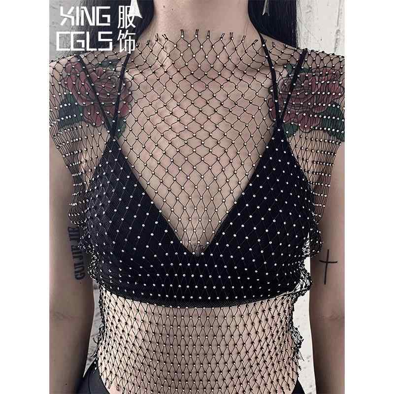 シースルー トップス 春 レディース 網目 重ね着 セット 単品 プルオーバー ショート丈 ロング ノースリーブ ラインストーン キラキラ PU セクシー 黒 白 金