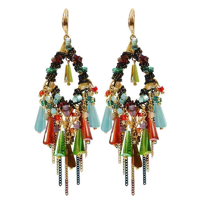 ピアス レディース アジアン雑貨 ボヘミアン レトロ エスニック カジュアル ロング ビーズ チェーン フック S925 シルバー アクセサリー おしゃれ カーキ 緑 青