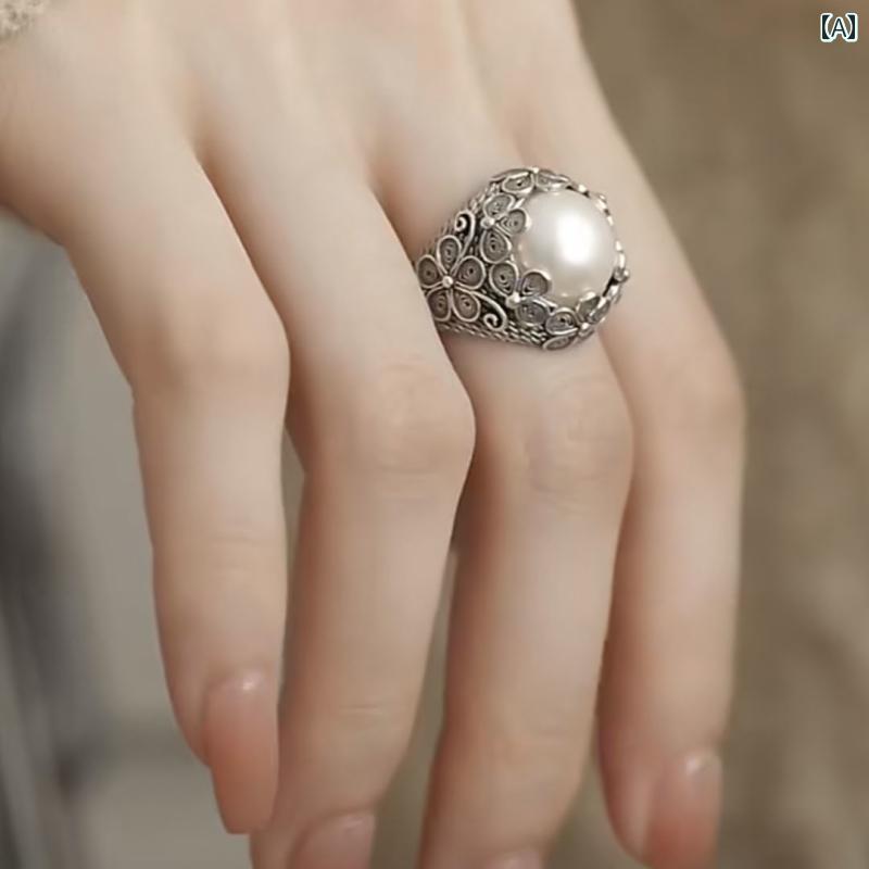フロントップ楽天市場店の指輪 レディース エスニック リング 女性 レトロ フィリグリー パール 真珠 豪華感 ジュエリー アクセサリー 花 フラワー アンティーク調｜アングル2