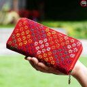 財布 レディース 横長 レトロ エスニック 刺繍 キャンバス 小銭入れ 携帯電話 ウォレット ロング 多機能 大容量 ジッパー カラフル かわいい ピンク 赤 緑 女性