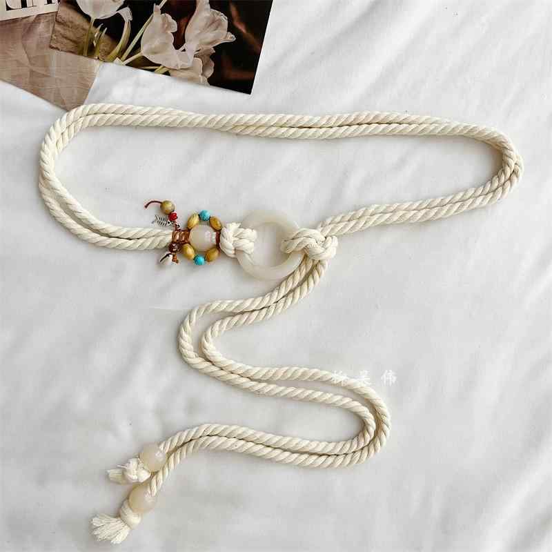 レディース エスニック ベルト ファッション レトロ 編み込み 結び目 ダブル リング 女性 アクセサリー ボヘミアン ウエストマーク ロープ アンティーク スタイル 多用途 黒 ベージュ 薄茶