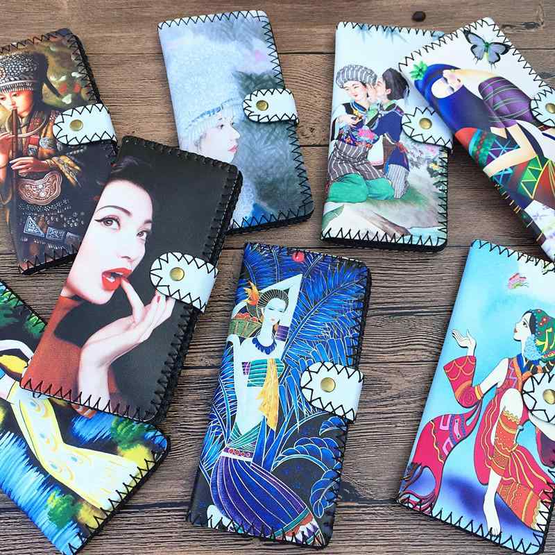 財布 レディース エスニック チャイナ風 ツバメ 女の子 手作り レトロ プリント ロング 落書き PU バックル 合成皮革 ウォレット 多機能 大容量 ポケット 赤 青 緑 女性 お札 カード