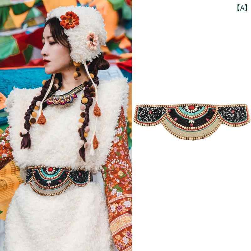 レディース エスニック ベルト ファッション 小物 民族風 レトロ チベット タッセル 刺繍 牛革 バックル 合金 ダブルリング エンボス ウエスト バンド ゴム レースアップ ターコイズ ビーズ アクセサリー 赤 黒 茶