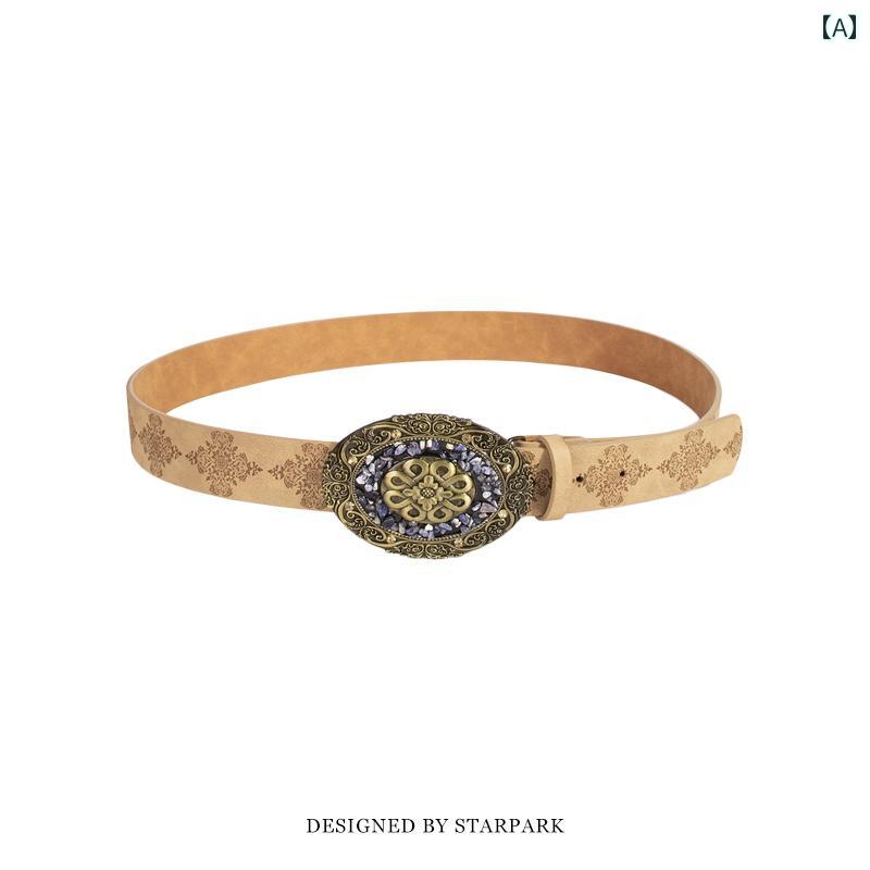 レディース エスニック ベルト ファッション 小物 ワンポイント 民族風 レトロ プリント 女性 エンボス バックル 合金 黄色 個性的