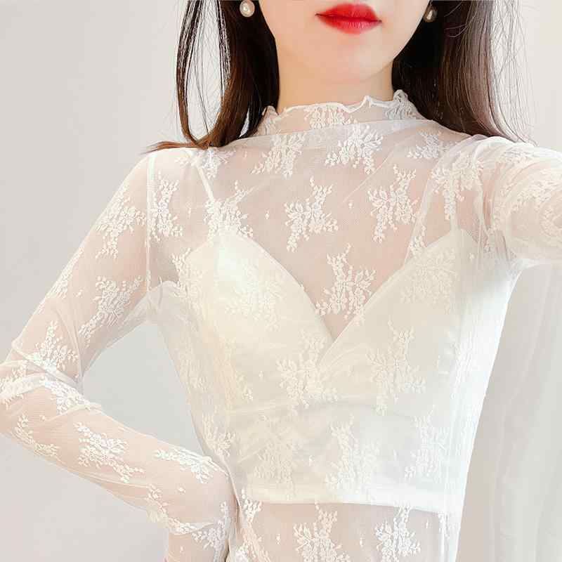 Garments - シアートップス レディース ハーフハイネック 長袖 メッシュ レース 透け感 重ね着 プルオーバー スリム 薄手 おしゃれ 花 大きいサイズ 黒 白 カーキ