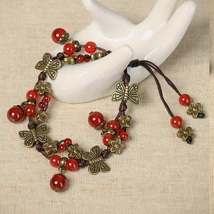 アンクレット エスニック ブレスレット レディース かわいい レトロ ボヘミアン 編み込み ペンダント タッセル 赤 緑 蝶 花 母の日 ギフト