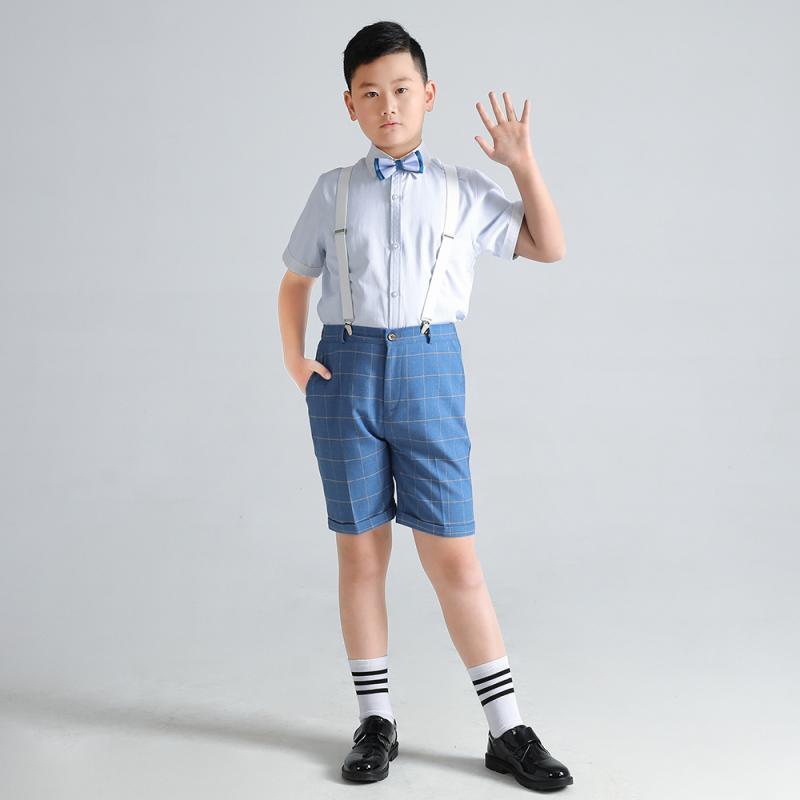 男の子 子供スーツ フォーマル キッズ 礼服 卒業 入学式 七五三 夏 半袖 シャツ 半ズボン サスペンダー 蝶ネクタイ 靴下 大きいサイズ おしゃれ ネイビー 青 黒