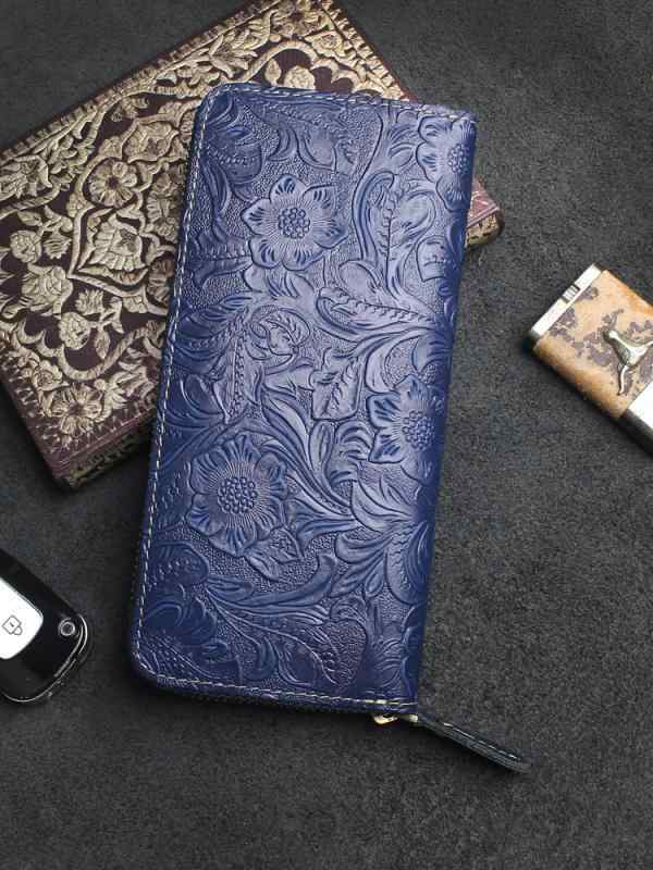 財布 革 ハンドメイド メンズ レディース ロング ジッパー レトロ エスニック おしゃれ クラッチバッグ 紫 緑 黒 シンプル エンボス加工