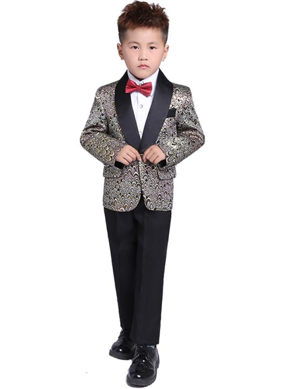 男の子 子供スーツ フォーマル キッズ 礼服 卒業 入学式 七五三 シングル ジャケット ベスト 長ズボン 蝶ネクタイ付き 鱗柄 派手 おしゃれ