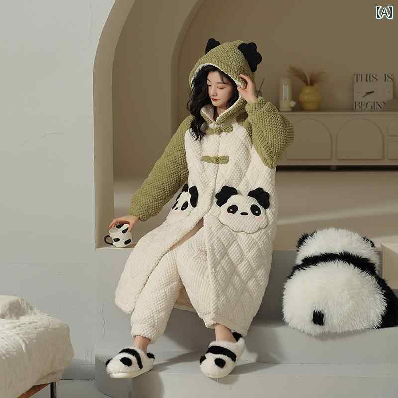 パジャマ レディース 秋冬 上下セット カジュアル パンダ ロング丈 フード もこもこ キルティング ルームウェア 部屋着 厚手 暖かい 裏地付き 長袖 ズボン ウエストゴム 柔らかい かわいい 大きいサイズ 2