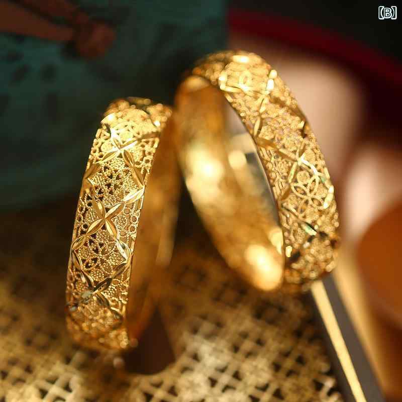 バングル レディース アクセサリー ブレスレット 金メッキ ウェディング 撮影 エスニック チャイナ風 レトロ おしゃれ 透かし模様 ゴールド 2点セット プレゼント