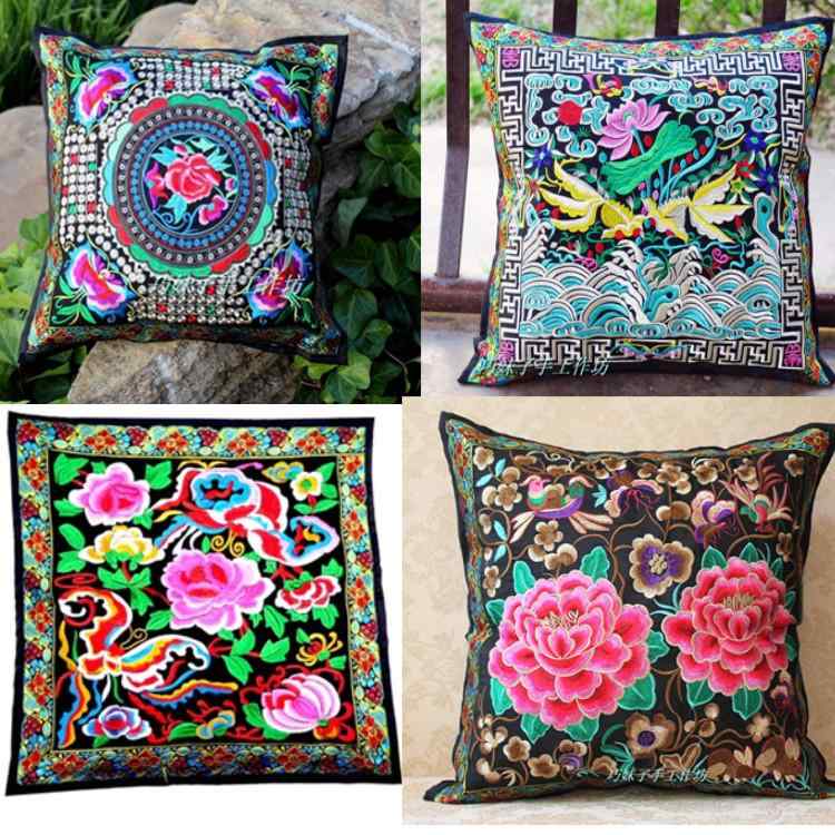 クッション カバー おしゃれ 鳥 鶴 牡丹 カラフル エスニック 枕 レトロ チャイナ風 刺繍 ピンク 青 紫 ホーム インテリア ソファ 背もたれ 装飾 家 リビング 正方形