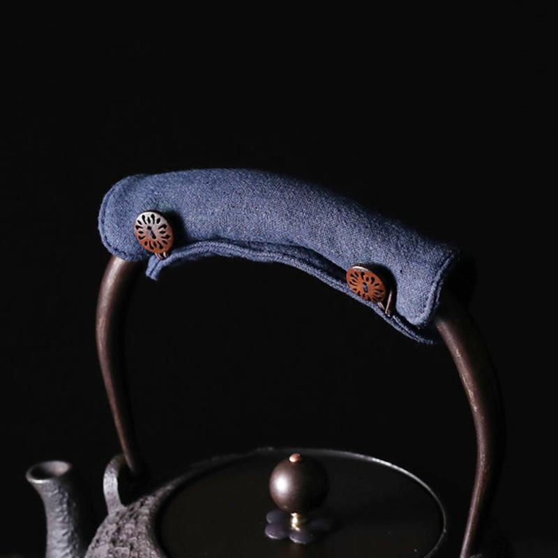 鉄瓶 持ち 手 カバー 急須 やかん 取っ手 ハンドル 布マット 火傷防止 断熱 ボタン ロープバックル 装着簡単 茶道 綿麻 厚手 無地 青