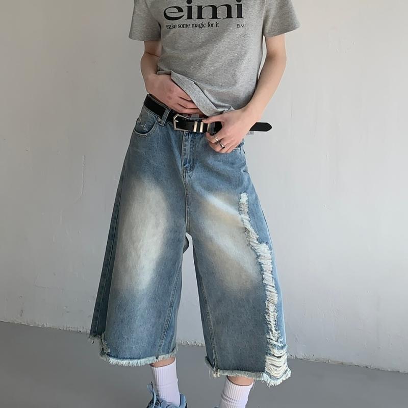 Straight Jeans - メンズ パンツ 七分丈 アメリカン ヴィンテージ風 ウォッシュド ダメージ デニム 夏 ゆったり ワイド ストレート おしゃれ シンプル 大きいサイズ 青
