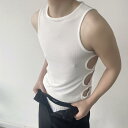 タンクトップ メンズ サイド カットアウト 穴 スリム ノースリーブ レディース セクシー ストリート ラウンドネック シンプル 白 黒 無地