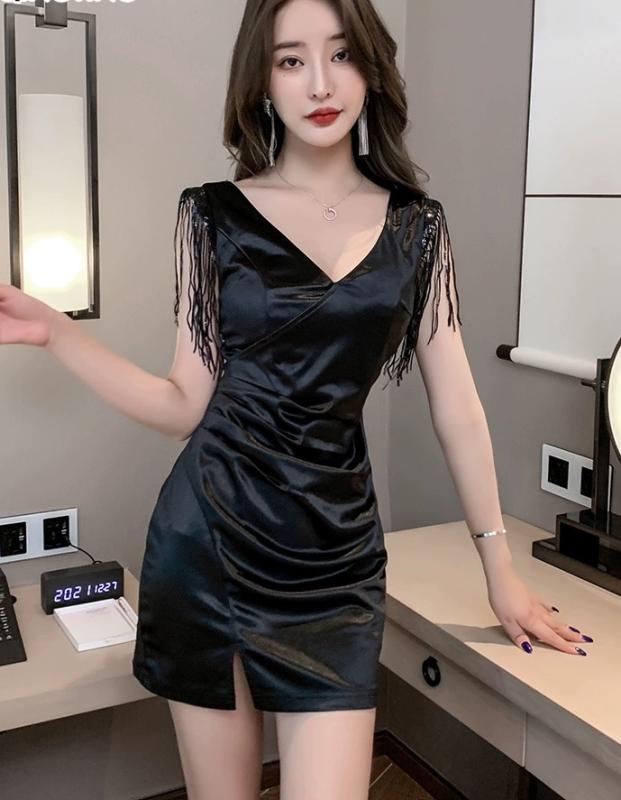 キャバ ドレス カジュアル ワンピ クラブ セクシー スリムフィット Vネック ハイウエスト プルオーバー ノースリーブ ミニスカート 大きいサイズ 黒 赤 青