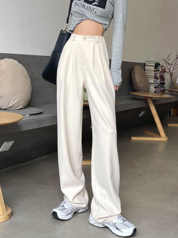 Other - スラックス レディース 夏 薄手 ロングパンツ ストレート タック 後ろゴム ポケット ハイウエスト 涼しい ゆったり 通気 カジュアル シンプル アイボリー 白 黒 大きいサイズ