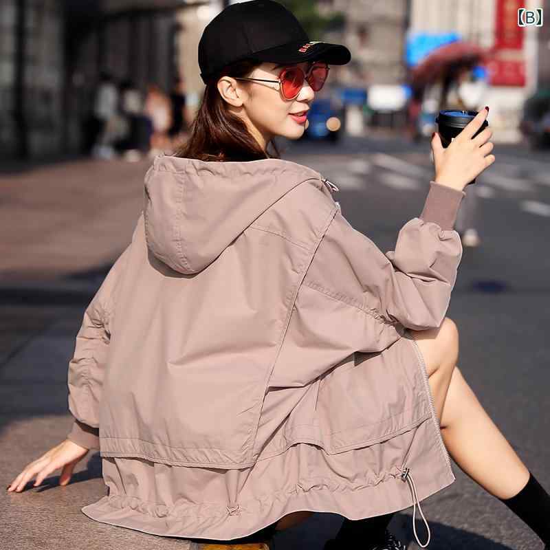 ウインドブレーカー レディース 春夏 小さめ ジャンパー フード 韓国 ゆったり ミドル丈 カジュアル お出かけ ショッピング シンプル おしゃれ ジップアップ 赤 ピンク カーキ