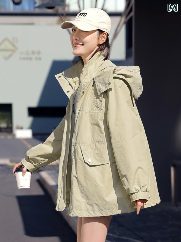フロントップ楽天市場店のウインドブレーカー レディース 春夏 カジュアル ゆったり 韓国 ミドル丈 お出かけ アウトドア 防風 耐摩耗性 シンプル 無地 おしゃれ 白 ピンク 黒｜アングル2