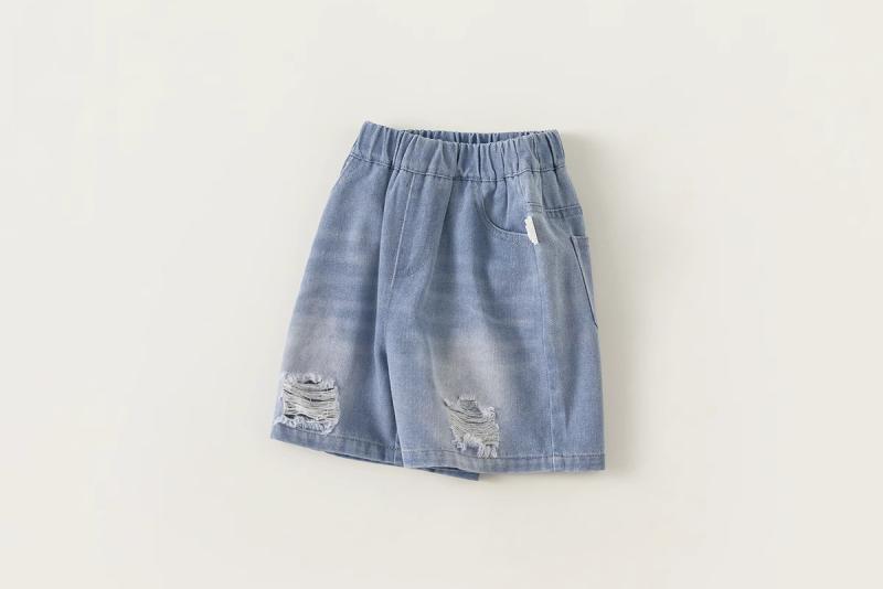 Short Pants - ショートパンツ キッズ 女の子 男の子 ダメージ加工 ジーンズ 夏 ベビー 股開き ミッドライズ ウエストゴム コットン リップド おしゃれ 青