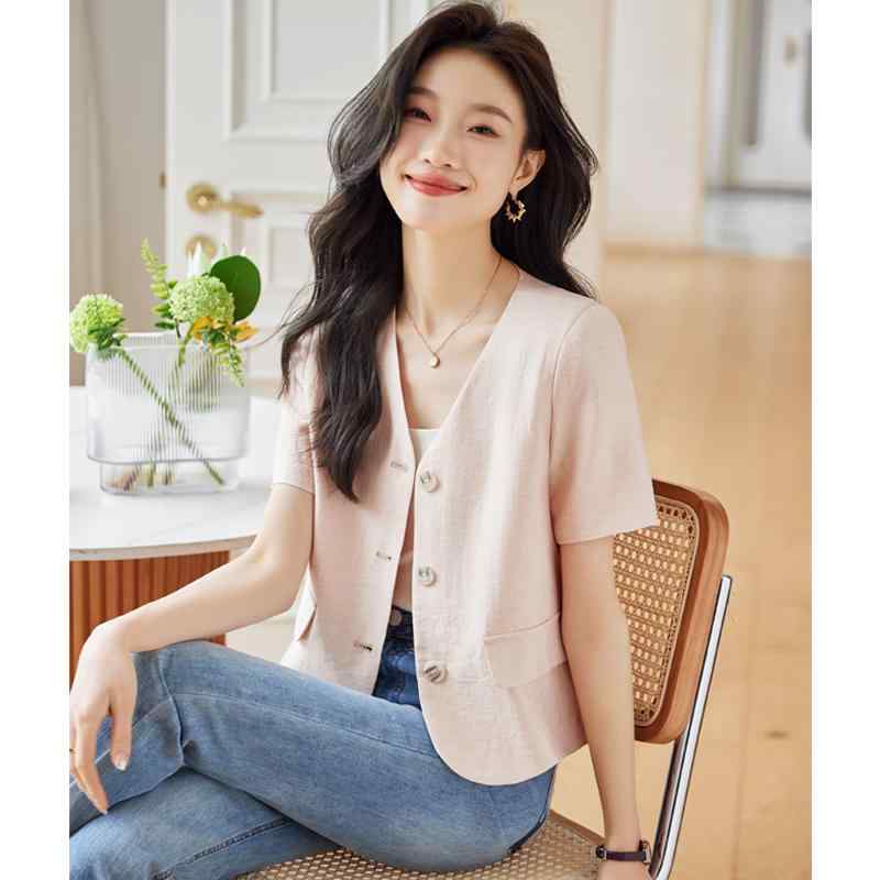 Linen, Hemp - ノーカラージャケット レディース ショート リネン 半袖 夏 薄い Vネック シングルブレスト 大きいサイズ ゆったり ポケット 柔らかい ピンク 茶 アプリコット