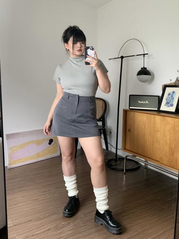 大きいサイズ レディース トップス スカート 上下セット ぽっちゃり 半袖 夏 ハイネック ミニ丈 ポケット グレー シンプル 無地 おしゃれ