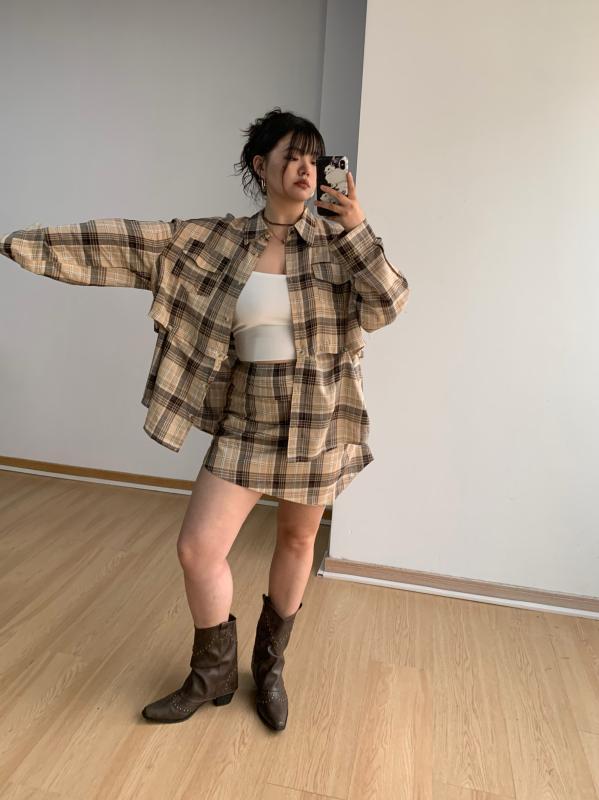 ぽっちゃり セットアップ シャツ 長袖 ボタン 大きいサイズ ゆったり 春夏 レトロ スカート ミニ丈 カジュアル おしゃれ チェック柄