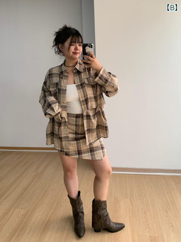 ぽっちゃり セットアップ シャツ 長袖 ボタン 大きいサイズ ゆったり 春夏 レトロ スカート ミニ丈 カジュアル おしゃれ チェック柄