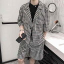 セットアップ メンズ 夏 半袖 ジャケット ポケット ボタン ハーフパンツ 大きいサイズ ゆったり 黒 千鳥格子 カジュアル おしゃれ