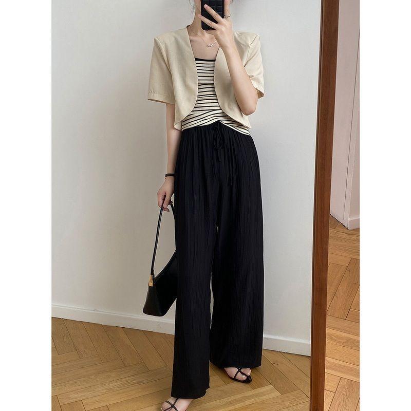 ノーカラージャケット レディース 夏 無地 半袖 薄手 羽織り 大きいサイズ ショート シンプル きれいめ 快適 通気性 ゆったり 黒 ベージュ ピンク