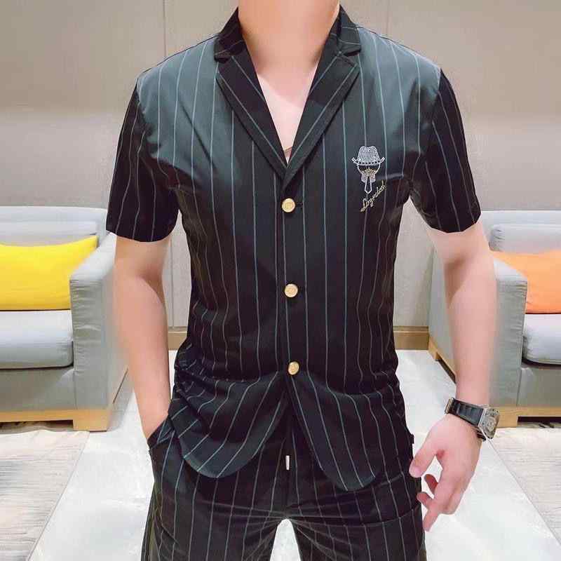 セットアップ メンズ 夏 半袖 薄手 シャツ シングルブレスト スリムフィット ハーフパンツ 大きいサイズ ストライプ 黒 刺繡 おしゃれ
