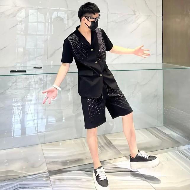 楽天フロントップ楽天市場店セットアップ メンズ 半袖 夏 シャツ シングルブレスト ポケット ハーフパンツ 大きいサイズ 黒 キラキラ ビジュー おしゃれ カジュアル