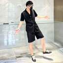 セットアップ メンズ 半袖 夏 シャツ シングルブレスト ポケット ハーフパンツ 大きいサイズ 黒 キラキラ ビジュー おしゃれ カジュアル