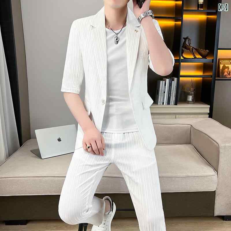 セットアップ メンズ 夏 半袖 韓国 軽量 冷感 薄手 ジャケット ワンボタン ポケット 大きいサイズ ハーフパンツ 9分丈 Tシャツ カジュアル 白 青 緑