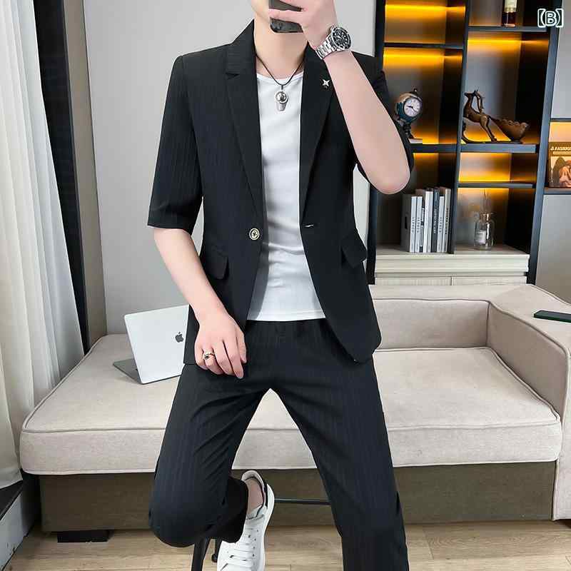 セットアップ メンズ 夏 半袖 韓国 軽量 冷感 薄手 ジャケット ワンボタン ポケット 大きいサイズ ハーフパンツ 9分丈 Tシャツ カジュアル 白 青 緑