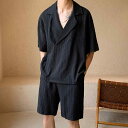セットアップ メンズ 夏 半袖 冷感 薄手 涼しい シャツ Vネック 大きいサイズ ゆったり ハーフパンツ 黒 白 カジュアル 無地 シンプル