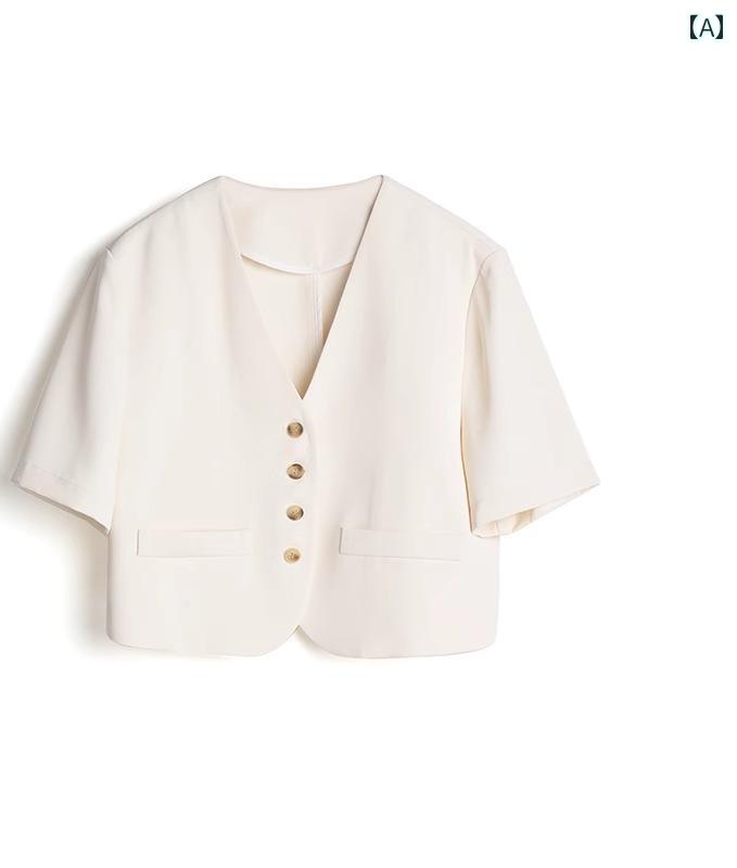 ノーカラージャケット レディース 夏 薄い 半袖 ショート 通気性 Vネック シングルブレスト ボタン おしゃれ カジュアル ベージュ 黒