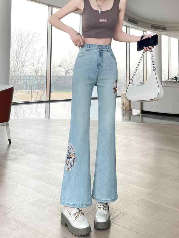 ボトムス レディース デニム パンツ 春夏 大きいサイズ スリム 刺繍 中国風 エスニック ウエストゴム ワイドレッグ フレア ベルボトム ジーンズ 個性的 カジュアル 青