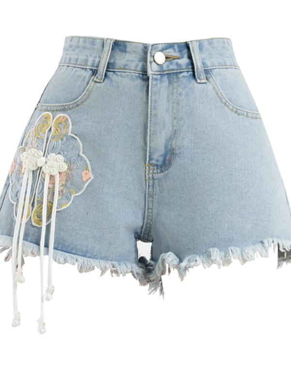 ボトムス レディース デニム 夏 ショートパンツ 大きいサイズ 中国風 刺繍 ハイウエスト 柔らかい 吸汗 通気性 ゆったり ローエッジ ジーンズ トップス Tシャツ タッセル 個性的 カジュアル スタイリッシュ 青 白