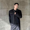 メンズ 襟なし ジャケット きれいめ モダン ノーカラー 春 アウター 装飾 長袖 ラウンドネック ゆったり バイピング ショート丈 普段使い 黒